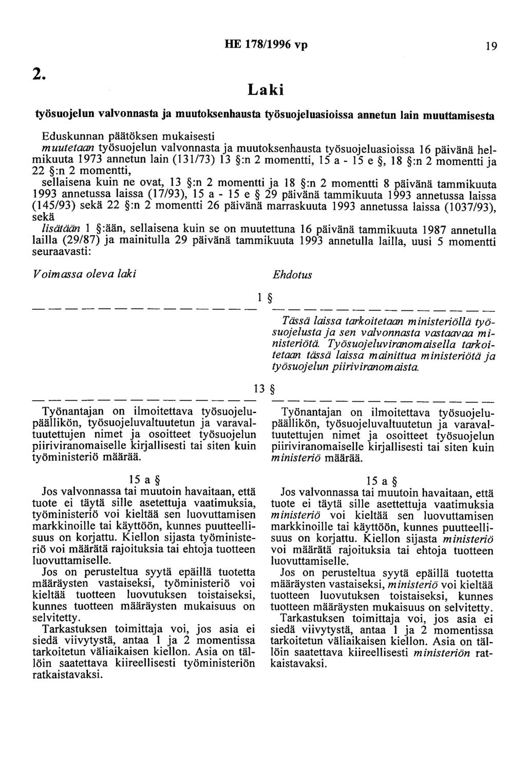 2. HE 178/1996 vp 19 työsuojelun valvonnasta ja muutoksenhausta työsuojeluasioissa annetun lain muuttamisesta muutetaan työsuojelun valvonnasta ja muutoksenhausta työsuojeluasioissa 16 päivänä