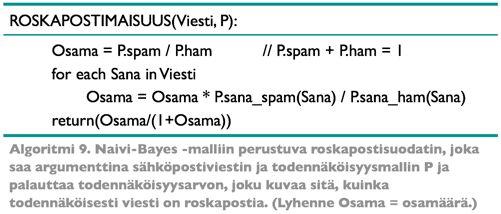 Huomaa että esimerkiksi toisen sanan kohdalla, i=2, tulon tekijänä on esimerkkiviestin 'buy cheap algorithm' tapauksessa (44) P('cheap' spam) 8.