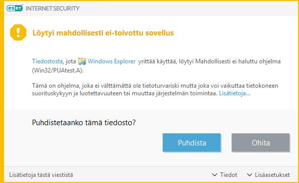 Kun mahdollisesti ei-toivottu sovellus havaitaan eikä sitä voida puhdistaa, näkyviin tulee ilmoitus Osoite on