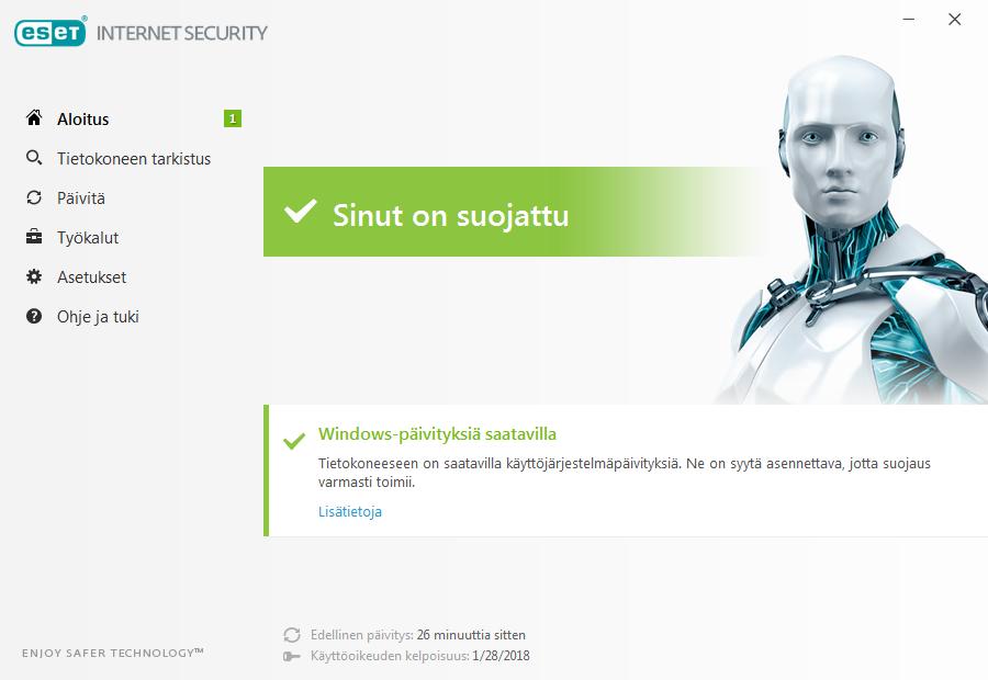 3. Aloittelijan opas Tässä kohdassa on alustava yhteenveto tuotteesta ESET Internet Security ja sen perusasetuksista. 3.