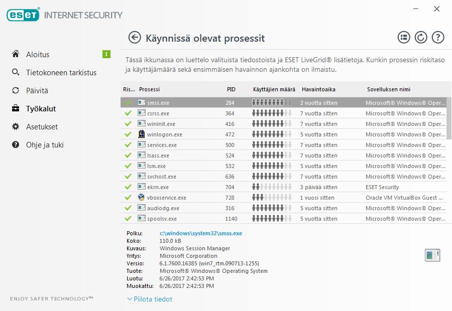 4.6.3.2 Käynnissä olevat prosessit Käynnissä olevien prosessien kohdassa näkyvät ohjelmat ja prosessit, jotka ovat käytössä tietokoneessa. ESET saa heti ja jatkuvasti tietoja uusista tunkeutumisista.