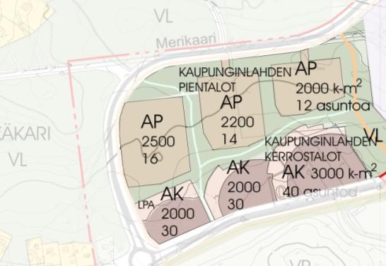 Kaupunginlahden kolme kerrostalokorttelia AK lännestä lähtien 3. Merikaarenlehto AKR 4.