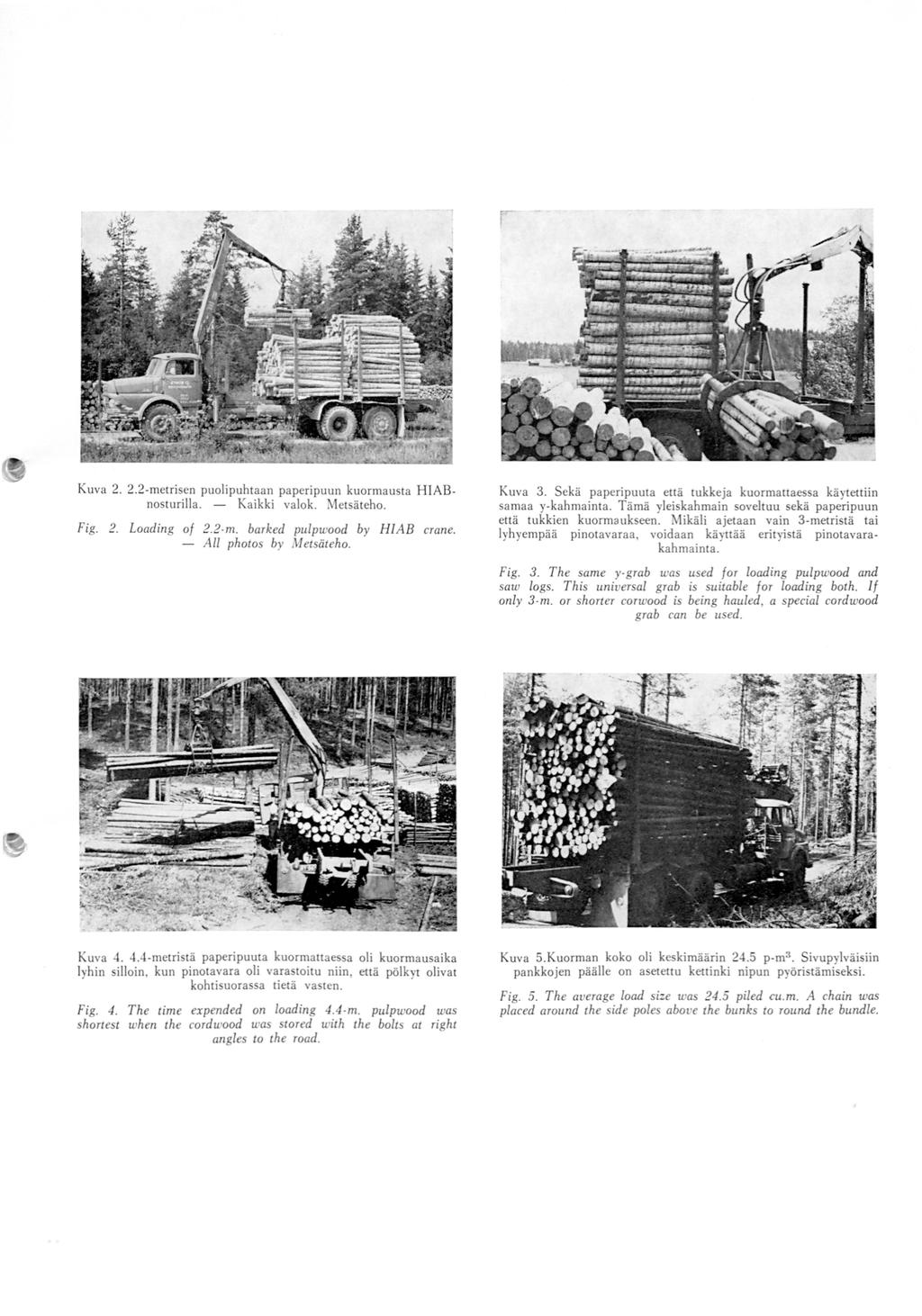 Kuva 2. 2.2-metrisen puolipuhtaan paperipuun kuormausta HIABnosturilla. Kaikki valok. Metsäteho. Fig. 2. Loading of 2.2-m. barked pulpwood by HJ AB crane. - All photos by Metsäteho. Kuva 3.