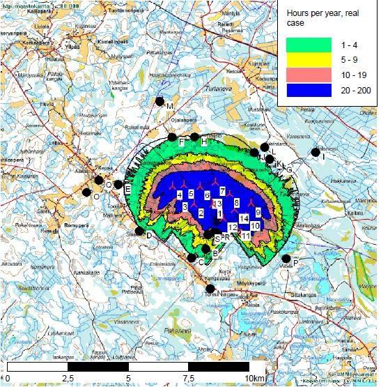 Mastokankaan tuulipuistosta aiheutuvia välkevaikutuksia esittävät vyöhykkeet on valittu siten, että kartalla nähdään vyöhykkeet, joissa välkettä esiintyy 1 5 tuntia/vuosi (vihreä vyöhyke) ja 5 10