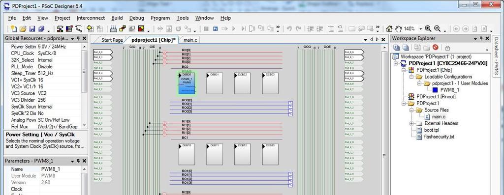 PSoC 1 => PSoC Designer -työtila pääkoodi (main.