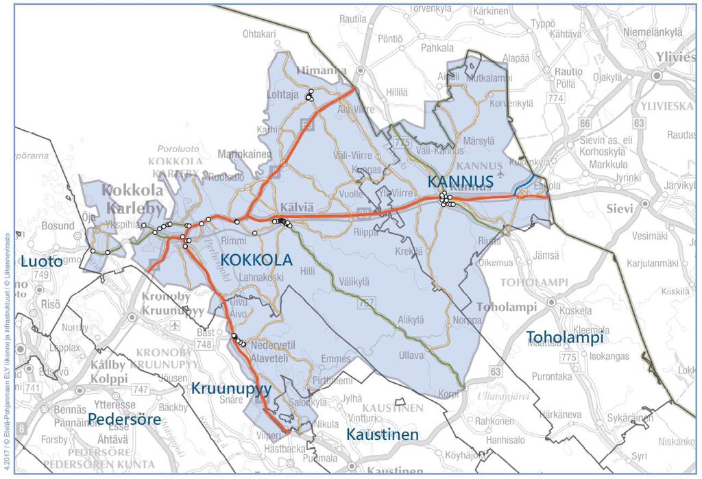 1056 Kokkolan urakka-alue Kuva 12. Kokkolan urakka-alue ja alueella olevat suojatiet. Nykytila Urakka-alueella 1056 Kokkola on 96 suojatietä, joista 1 on taajamatyyppisen alueen ulkopuolella.