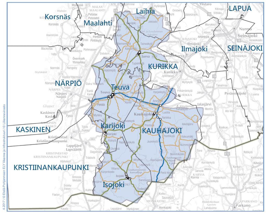 1057 Kauhajoen urakka-alue Kuva 14. Kauhajoen urakka-alue ja alueella olevat suojatiet. Nykytila Urakka-alueella 1057 Kauhajoki on 99 suojatietä, joista 1 on taajamatyyppisen alueen ulkopuolella.