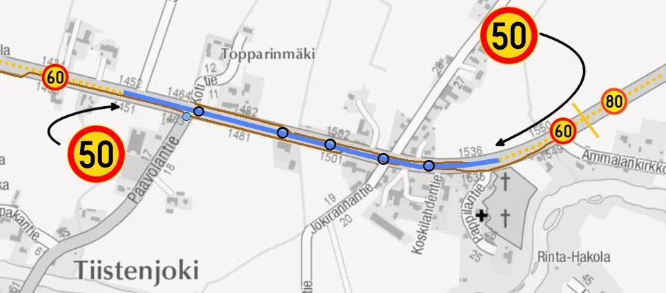 Kohteet 42 46 Nyk. Toimenpiteiden jälkeen Nopeusrajoitus 60 50 Sijainti taajamassa Kyllä KVL 1642 KVLras 139 Nyk.