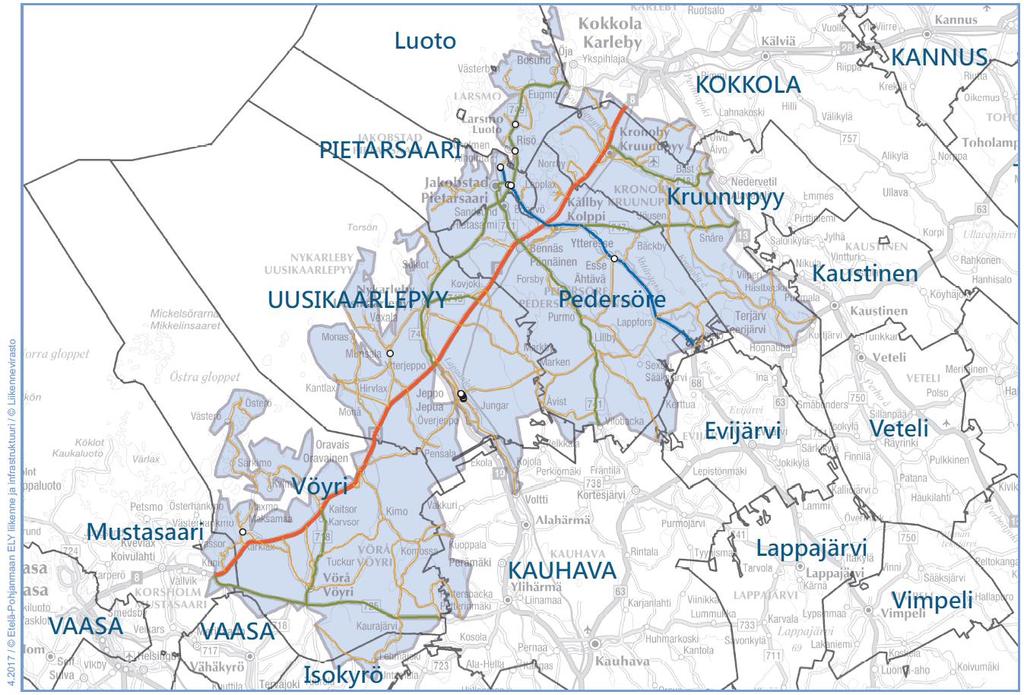 1062 Pietarsaaren urakka-alue Kuva 24. Pietarsaaren urakka-alue ja alueella olevat suojatiet. Nykytila Urakka-alueella 1062 Pietarsaari on 20 suojatietä, jotka kaikki sijaitsevat YKR-taajamassa.