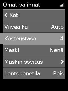 Kosteustaso Kostutin kostuttaa ilman. Kostuttimen tarkoituksena on tehdä hoidosta miellyttävämpää. Jos nenäsi tai suusi kuivuu, lisää kosteutta. Jos saat maskiisi kosteutta, vähennä kosteusmäärää.