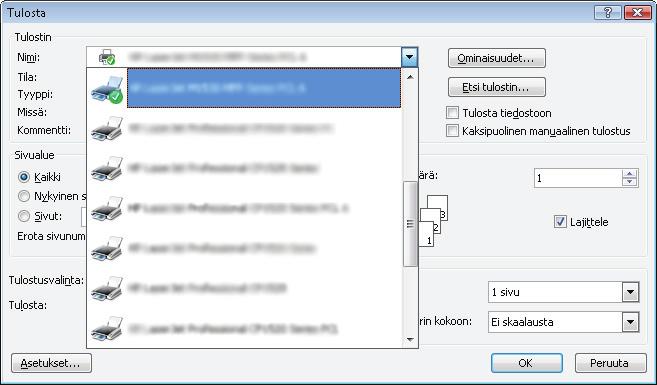 Tulostustehtävät (Windows) Tulostaminen (Windows) Seuraavassa osassa kuvataan perustulostuksen kulku Windowsissa. 1. Valitse ohjelmistossa Tulosta. 2. Valitse tulostin tulostinluettelosta.