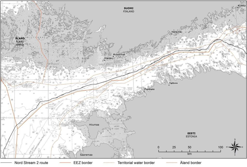 4 Kuva 2-1. Reitti Suomen talousvyöhykkeellä. 2.1.3 Putkilinjojen välinen etäisyys NSP2-putkilinjajärjestelmä on erillinen rakenne jo käytössä olevasta NSP-järjestelmästä, mutta kulkee samansuuntaisesti huomattavan osan reitistä.