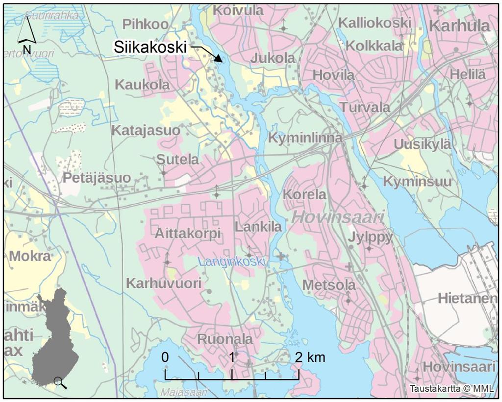Kymijoki, Siikakoski Kymijoki on aineiston toinen suurten jokien esimerkki. Siikakoski sijaitsee Kymijoen itäisessä haarassa (kuva 16).