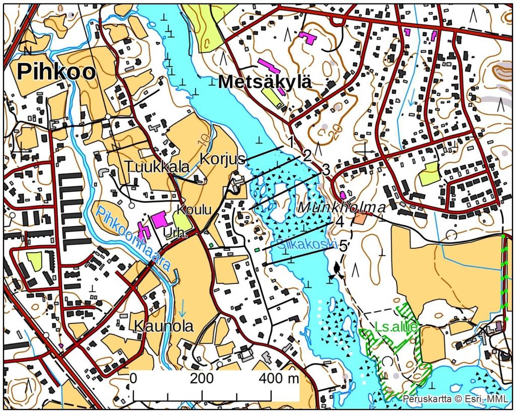 Suhteellinen märkäpiiri 1.0 0.9 0.8 0.7 0.6 Poikkileikkaus 1 Poikkileikkaus 2 Poikkileikkaus 3 Poikkileikkaus 4 Poikkileikkaus 5 0.5 0 25 50 75 100 125 150 Virtaama m 3 s -1 Kuva 18.