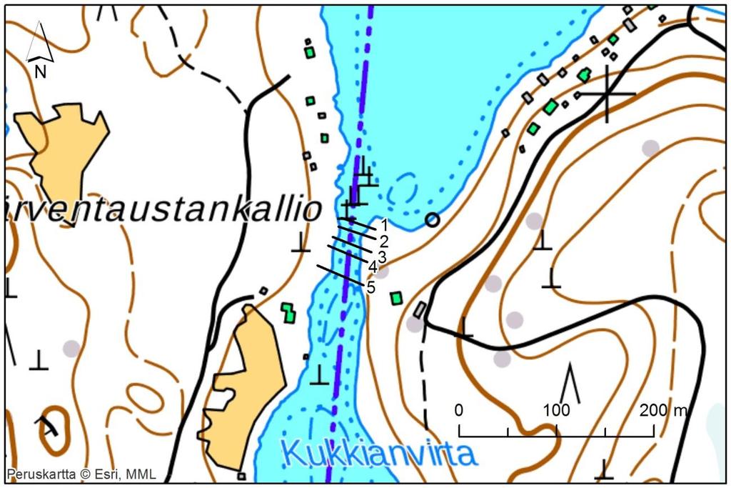 Suhteellinen märkäpiiri 1 Poikkileikkaus 1 0.9 Poikkileikkaus 2 Poikkileikkaus 3 Poikkileikkaus 4 Poikkileikkaus 5 0.8 0 2 4 6 8 10 12 Virtaama, m 3 s -1 Kuva 22.