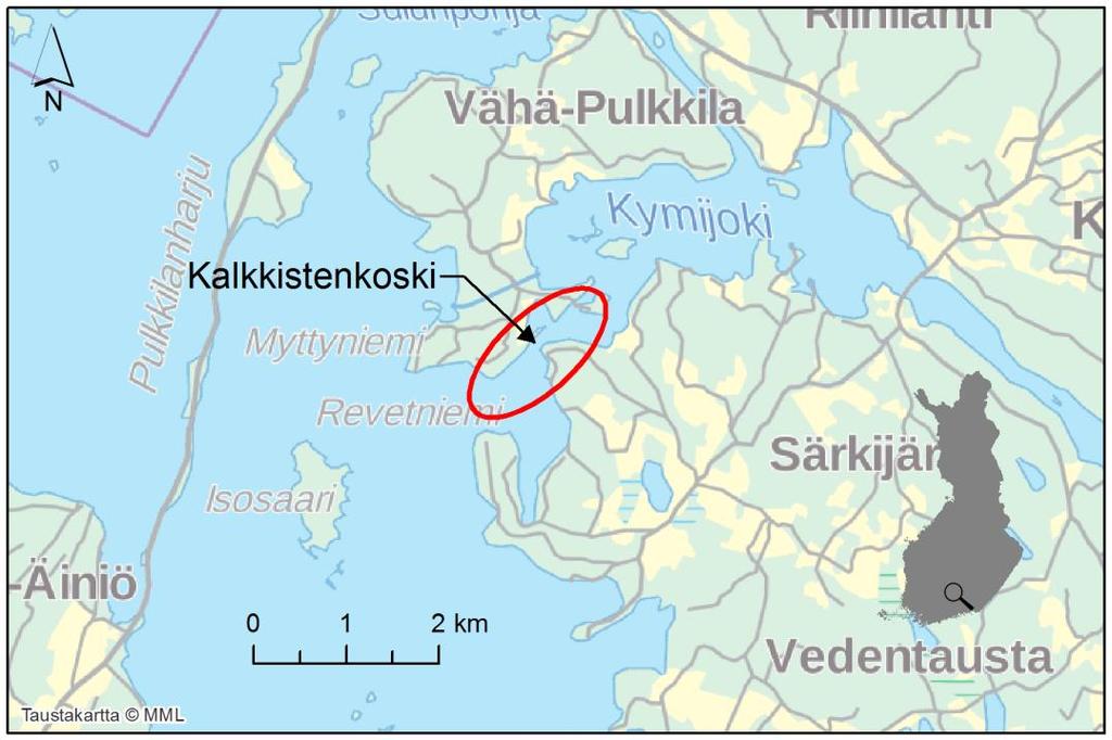 Kuva 28. Asikkalan Kalkkistenkoski Päijänteessä. Tennant Kalkkistenkoski on virtajakso kahden järven välissä ja virtaaman vaihtelu on selkeästi erilainen verrattuna luonnontilaiseen jokeen (kuva 29).