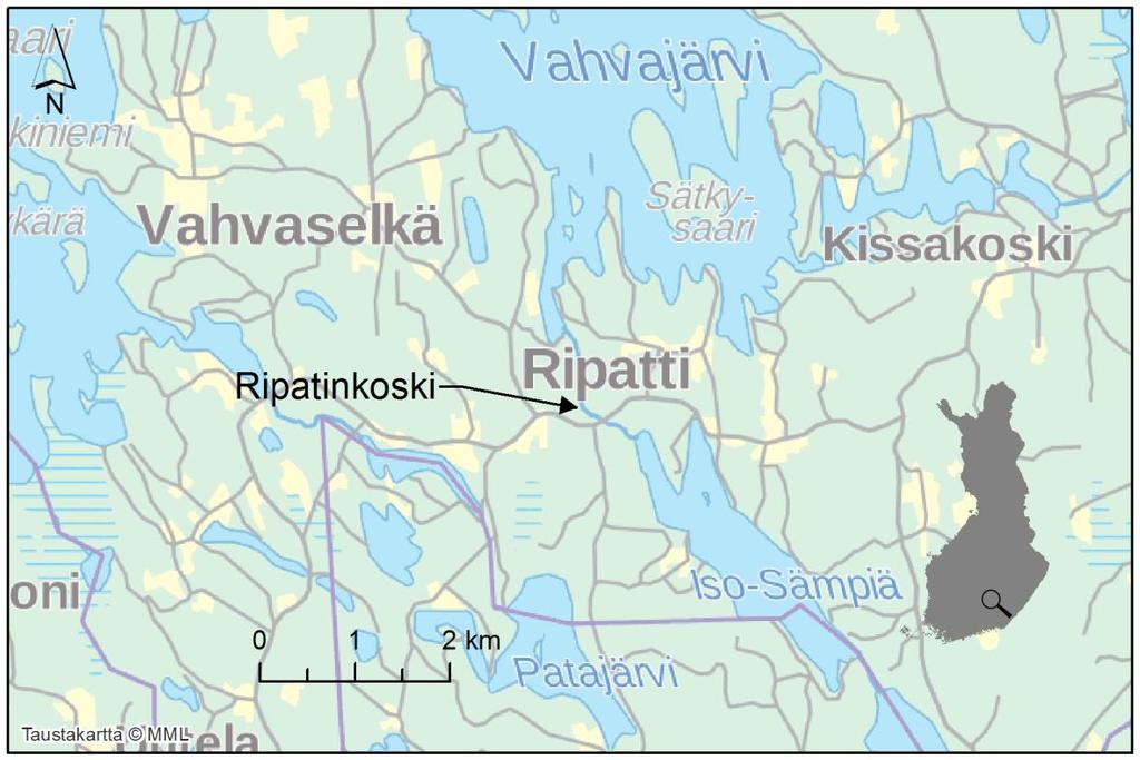 Ripatinkoski Ripatinkoski sijaitsee Mäntyharjulla. Mallinnettava alue käsittää Ripatinkosken koskimaisemman osuuden, eli jokiuoman Vahvajärveltä Iso-Sämpiälle (kuva 32).