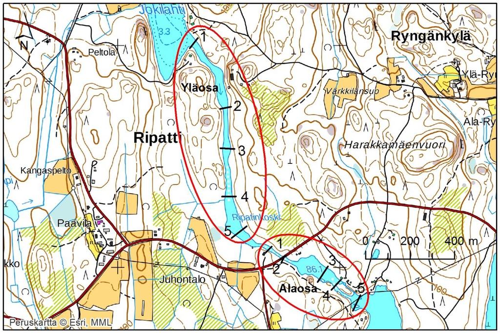 Suhteellinen märkäpiiri Suhteellinen märkäpiiri Kuva 34. Ripatinkosken poikkileikkausten sijainti kosken ylä- ja alaosassa. Ripatinkosken yläosa 1 0.9 0.8 0.7 0.