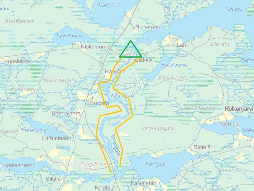 1 ha), jotka saavat vetensä Oulujoesta Lasaretinväylän säännöstelypadon kautta (kolmio). Kalatie menee keltaisen ellipisin kohdalla.