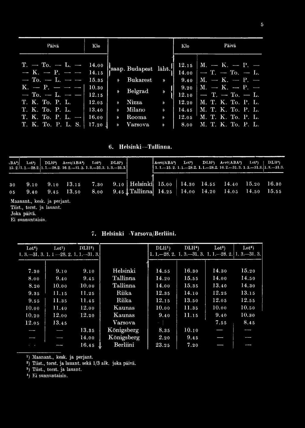 oo» Rooma» 12.05 M. T. K. To. P. L. T. K. To. P. L. S. 17.20,» Varsova» 8.oo M. T. K. To. P. L. d 6. Helsinki Tallinna.