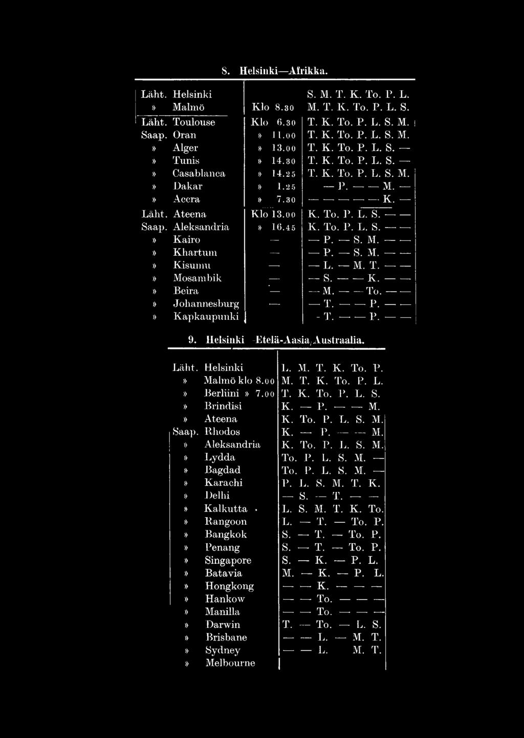 Aleksandria» 16.45 K. To. P. L. S.» Kairo P. S. M.-------» Khartum P. S. M.-------» Kisumu L. M. T.» Mosambik S. -------K. --------» Beira M.------ T o.-------» J ohannesburg T. -------P.