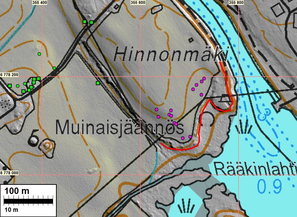 Alalemmassa kartassa vesijätön raja Hinnonmäen eteläpuolella