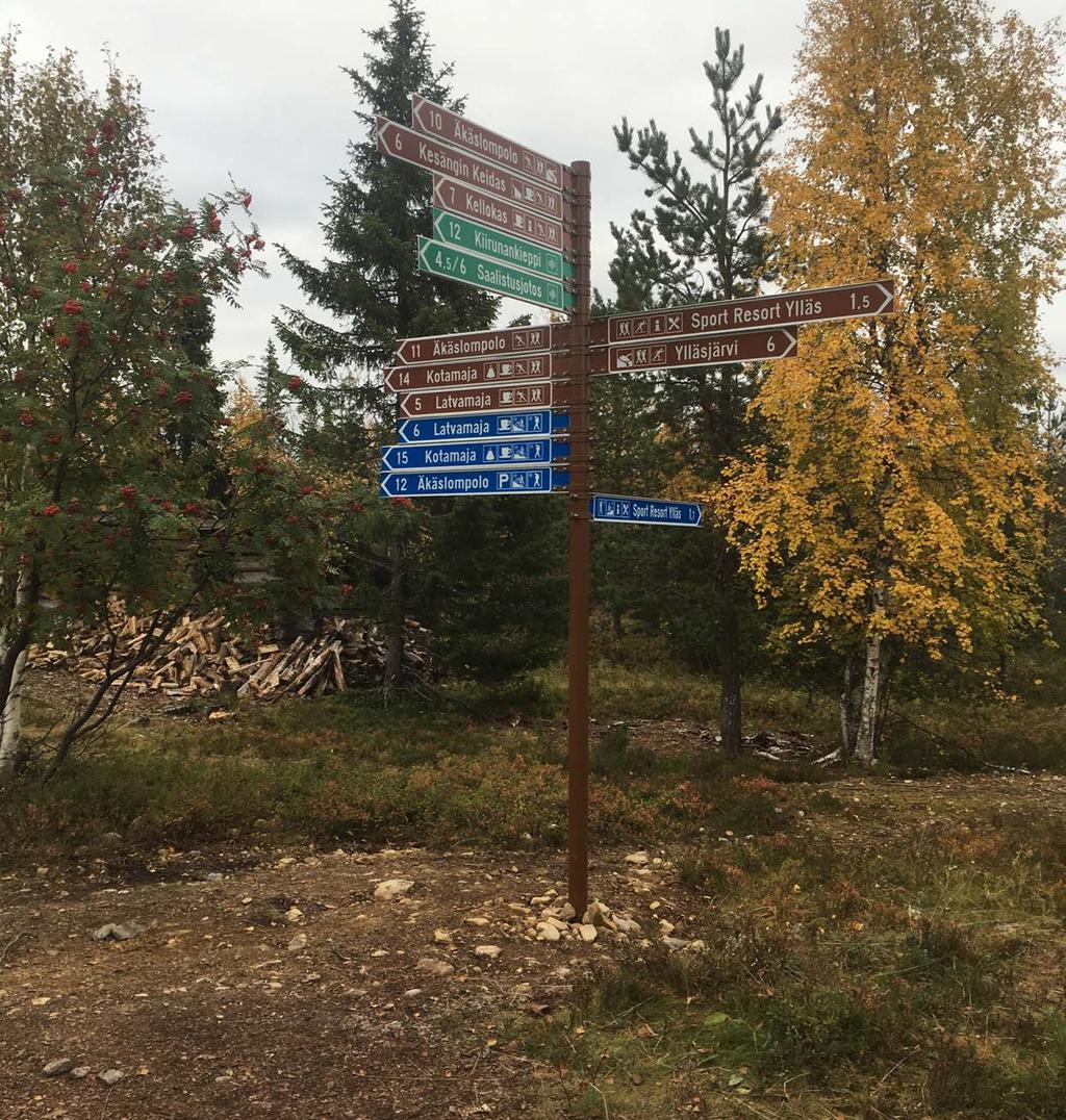 Isomman risteyksen, reittien solmukohdan, viitoitus. Viittatolpasta puuttuu vielä risteyskartta, jossa tärkeimpinä lähialueen reitit ja olet tässä -merkintä.
