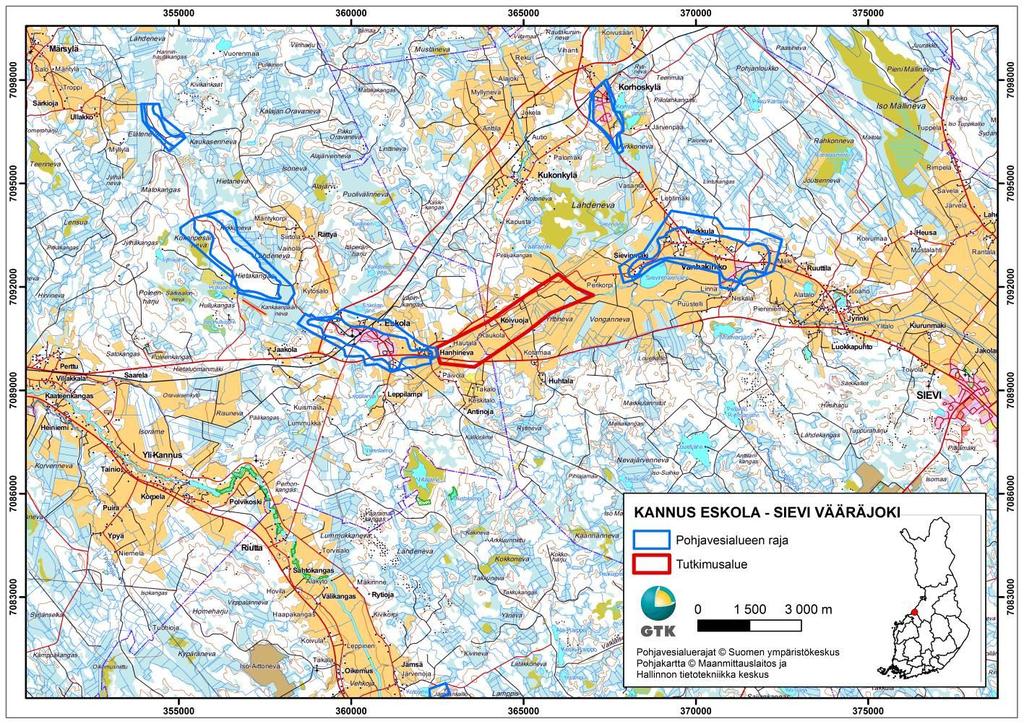 GEOLOGIAN TUTKIMUSKESKUS 4 Maanmittauslaitoksen laserkeilausaineistoa tarkasteltaessa havaittiin että Eskolan ja Vääräjoen välisellä laaksoalueella esiintyy merkkejä peitteisten harjukerrostumien