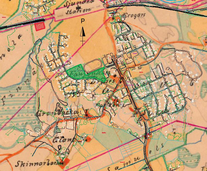 Kuva 2. Venäläinen vuoden 1915 topografikartta sovitettuna Siuntion nykyiseen sähköiseen pohjakarttaan. Tutkimusalue 1 on rasteroitu kuvassa vihreällä, alue 2 punaisella värillä.
