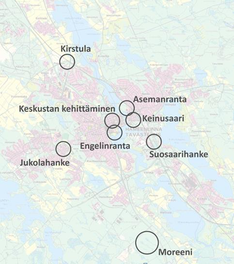 Hankkeet Engelinranta Asemanranta ja Keinusaari Jukolahanke Keskustan kehittäminen Elinkeinoalueet Moreeni Kirstulan tiva-kaupan alue Radanvarsi