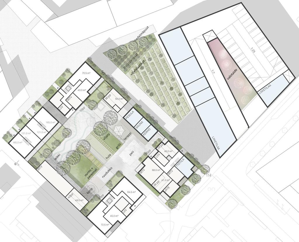 townhouse-rakentamista. Erilaiset asuinrakentamisen kokeilut sopivat hyvin kokonaisuuteen ja Malminkartanon henkeen.