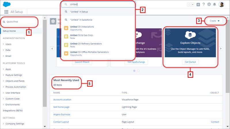 Lightning Experiencen määritysten navigointi Salesforce Classicissa tietueet sisältävät viiteluettelon (3), mutta Lightning Experience näyttää tietueeseen liittyvät tiedot viiteluettelokorteissa (3).