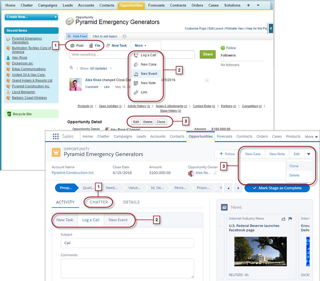 Toimintojen ja painikkeiden löytäminen Lightning Experiencessa Toimintojen ja painikkeiden löytäminen Lightning Experiencessa Salesforce Classic näyttää Chatter-julkaisijassa toimintoja ja tietueen