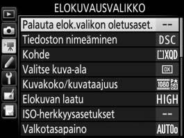 1 Elokuvausvalikko: elokuvien kuvausasetukset Avaa elokuvausvalikko painamalla G ja valitsemalla 1 (elokuvausvalikko) -välilehti. G-painike Asetus 0 Palauta elok.valikon oletusaset.