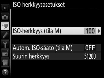 ISO-herkkyysasetukset G-painike 1 elokuvausvalikko Säädä seuraavia ISO-herkkyysasetuksia. ISO-herkkyys (tila M): Valitse valotustilan M ISO-herkkyys väliltä ISO 100 ja Hi 5.