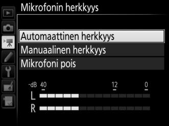 Mikrofonin herkkyys Kytke yhdysrakenteiset tai ulkoiset mikrofonit (0 204) päälle tai pois päältä tai säädä mikrofonin herkkyyttä.