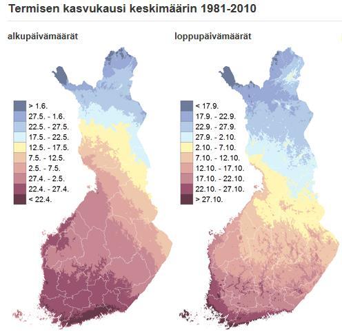 Terminen kasvukausi Terminen kasvukausi alkaa, kun lumi on sulanut aukeilta paikoilta ja vuorokauden keskilämpötila nousee pysyvästi yli +5 asteen.