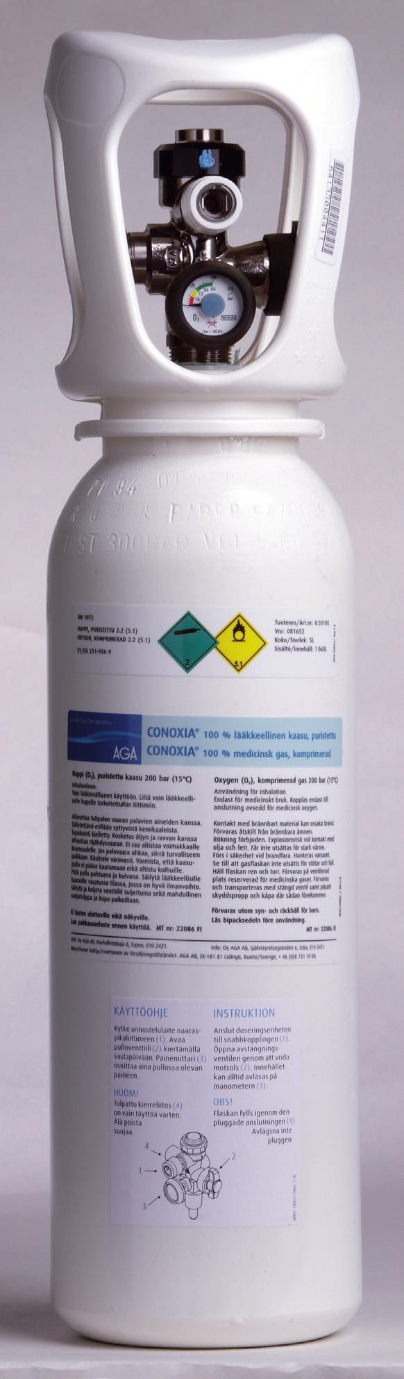 10 CONOXIA, lääkkeellisen hapen käyttöopas CONOXIA happipullo. Viivakoodin avulla jokainen kaasupullo voidaan yksilöidä ja jäljittää tarvittaessa (esim. tuote takaisinvetojen yhteydessä).