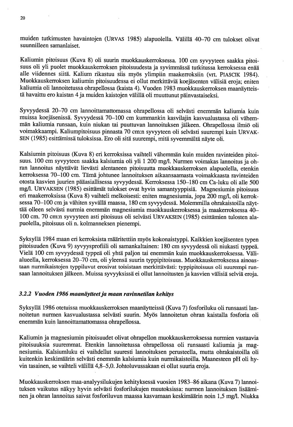 20 muiden tutkimusten havaintojen (URVAS 1985) alapuolella. Välillä 40-70 cm tulokset olivat suunnilleen samanlaiset. Kaliumin pitoisuus (Kuva 8) oli suurin muokkauskerroksessa.