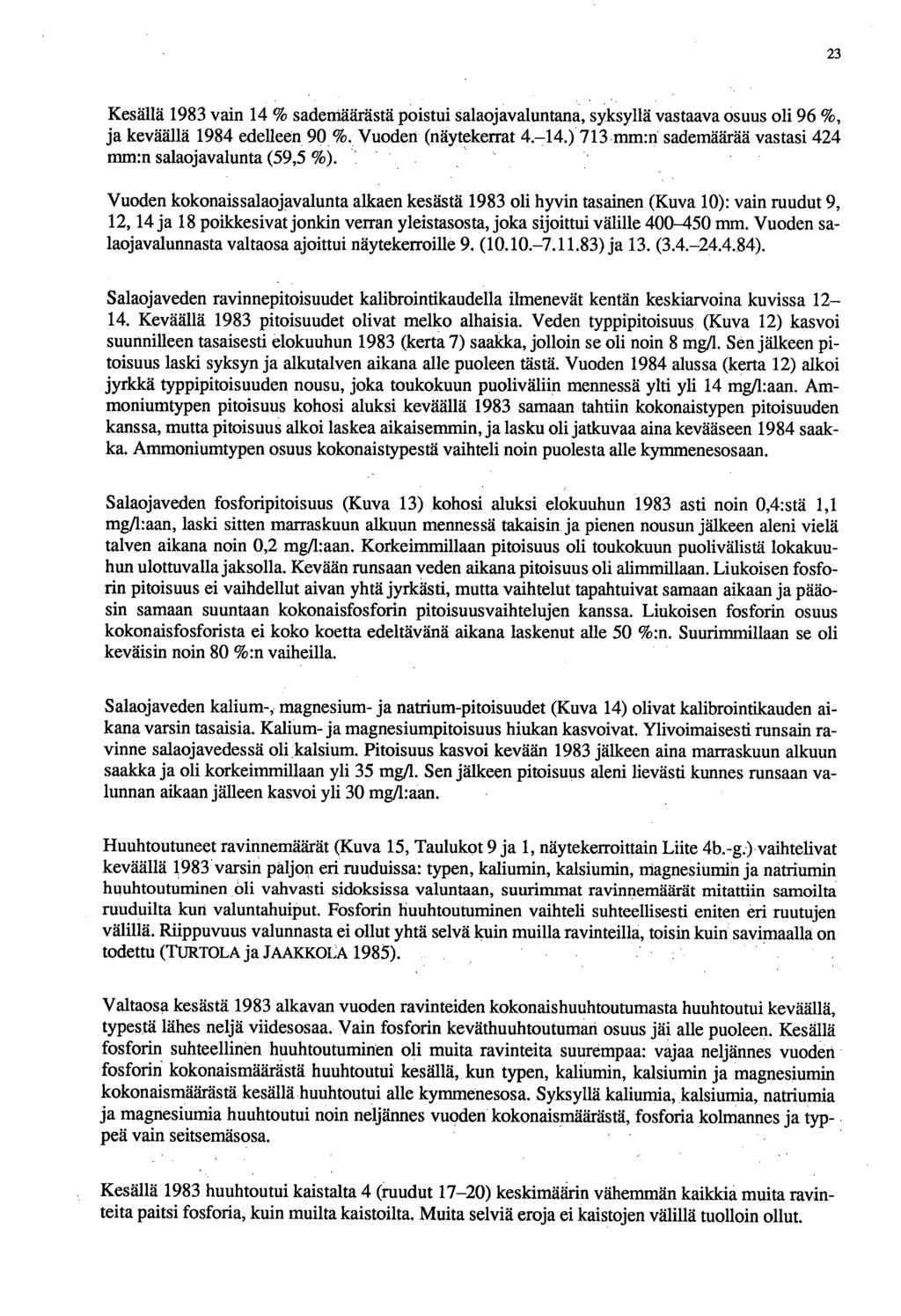 23 Kesällä 1983 vain 14 % sademäärästä poistui salaojavaluntana, syksyllä vastaava osuus oli 96 %, ja keväällä 1984 edelleen 90 %. Vuoden (näytekerrat 4.-14.
