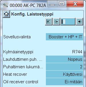 Tässä esimerkissä säätimellä ohjataan boosterjärjestelmää, korkeapainesäätöä ja IT-kompressoria Tämän seurauksena avautuu uusia asetusmahdollisuuksia, äskeisen valinnan mukaan.