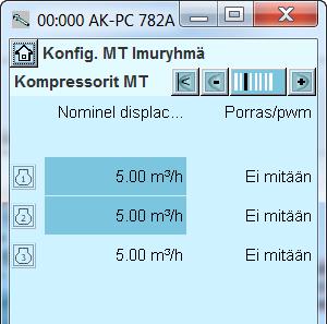 Konfigurointi - jatkoa 5. Kompressoreiden tehotiedot Siirry seuraavalle sivulle painamalla +-painiketta. 6. Aseta arvot tehoportaille Siirry seuraavalle sivulle painamalla +-painiketta. 7.