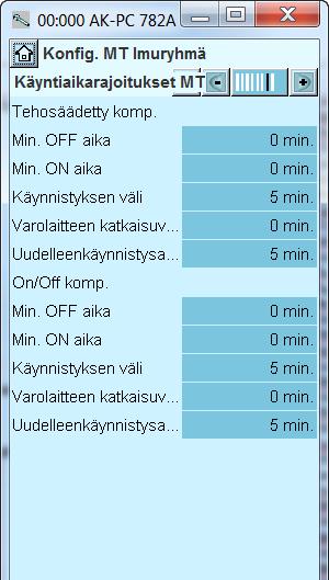 jokaiselle kompressorille olisi vaadittu erilliset varopiirit). Aseta min. OFF-time kompressorireleelle. Asta min. ON- kompressorireleelle. Määritä kuinka useasti kompressori voi käynnistyä.