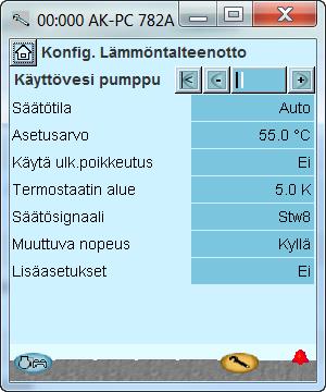 Tässä esimerkissä ei ole käytetty käyttövesipiiriä. Kuva on vain viitteellinen. Huonelämmityksen valikko on tyhjä, jos vain käyttöveden asetuksia säädetään.