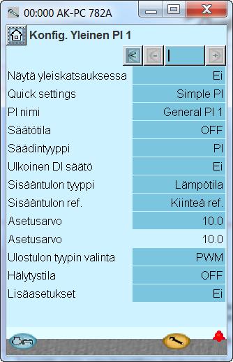 Konfigurointi - jatkoa Erilliset PI-toiminnot 1. Valitse PI functions (PI-toiminnot) 2. Valitse haluttu PI-toiminto 3 - General PI Control (yleinen PI-säädin) Tätä toimintoa voidaan käyttää säätöön.