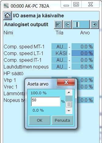 Esimerkki määritetyn ulostulosignaalin ja manuaalisesti asetetun arvon yhteydestä.. Määritys Asetus 0 % 50 % 100 % 0-10 V 0 V 5 V 10 V 1-10 V 1 V 5.