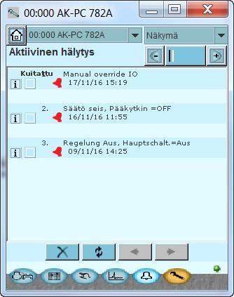 Säätimen ensimmäinen käynnistys Tarkista hälytykset 1. Mene yleisnäyttöön Paina näytössä vasemmalla alhaalla olevaa sinistä yleiskuvapainiketta. 2.