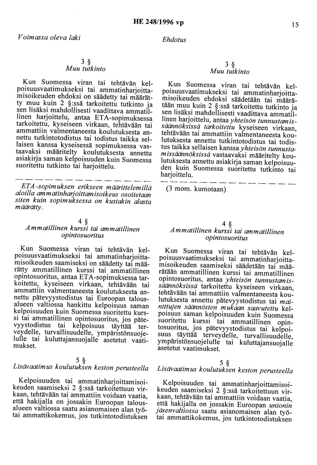 HE 248/1996 vp 15 Voimassa oleva laki Ehdotus 3 Muu tutkinto Kun Suomessa viran tai tehtävän kelpoisuusvaatimukseksi ehdoksi on säädetty tai määrätty muu kuin 2 :ssä tarkoitettu tutkinto ja sen