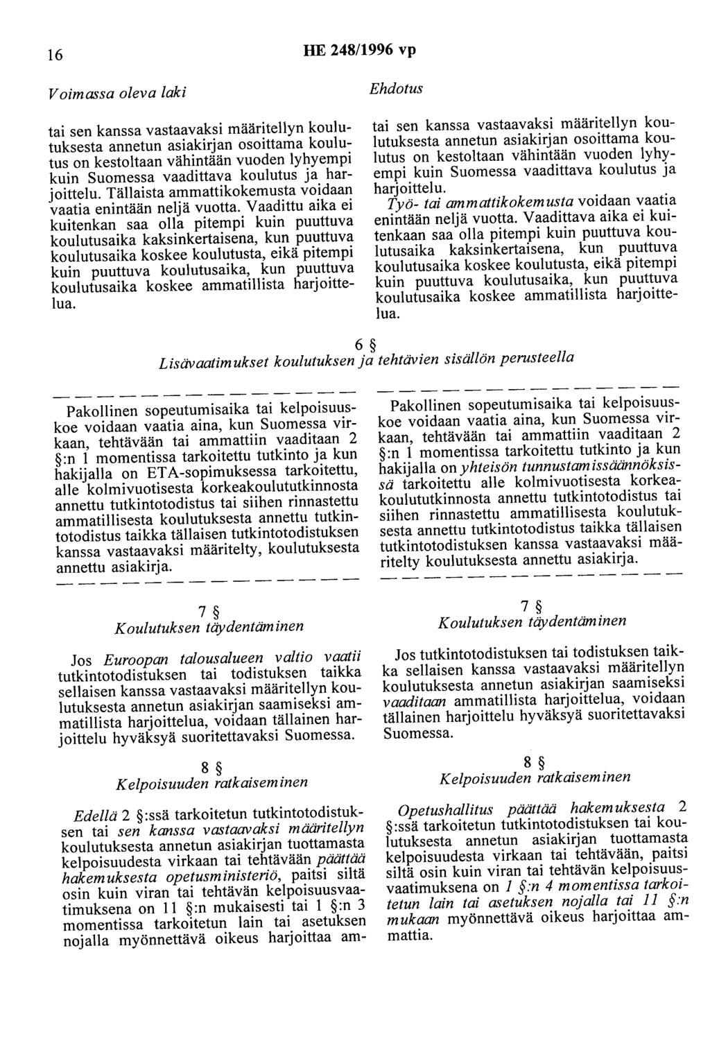 16 HE 248/1996 vp Voimassa oleva laki tai sen kanssa vastaavaksi määritellyn koulutuksesta annetun asiakirjan osoittama koulutus on kestoltaan vähintään vuoden lyhyempi kuin Suomessa vaadittava