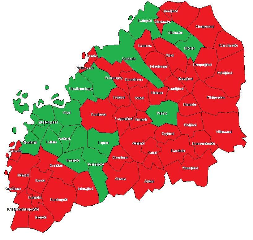 ETELÄ-POHJANMAA -6,98 Isojoki -45,36 Karijoki -35,59 Kauhajoki -18,25 Kurikka -24,20 Teuva -8,81 Evijärvi -37,82 Kauhava -18,75 Lappajärvi -37,30 Alajärvi -12,99 Soini -31,18 Vimpeli -16,94 Alavus